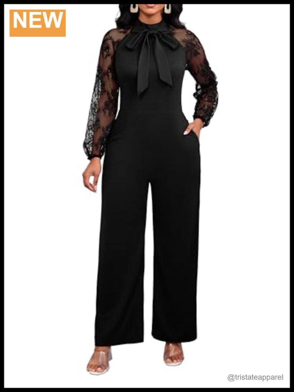 Elegant Wide Leg Jumpsuit with Mesh Ruffle Long Sleeve Crew Neck